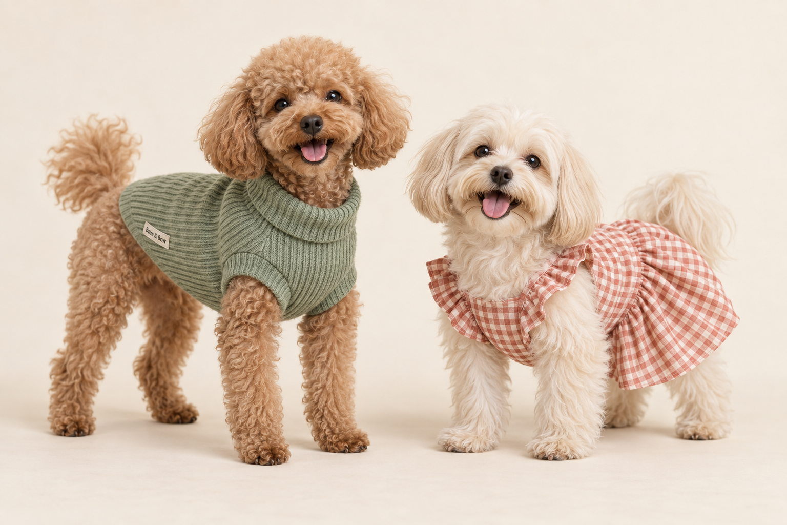 Two dogs wearing a sage knit jumper and coral gingham dress — Bone and Bow pet clothing inspiration